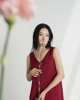 Long V-neck silk dress - Red