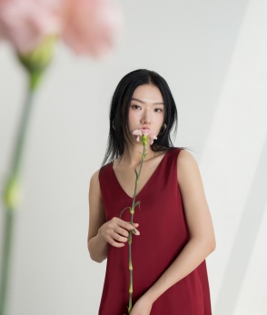 Long V-neck silk dress - Red